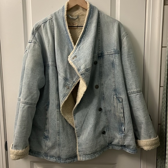 Free people twisted heart cozy denim jacket coat shearling fleece we the free M - Picture 7 of 9